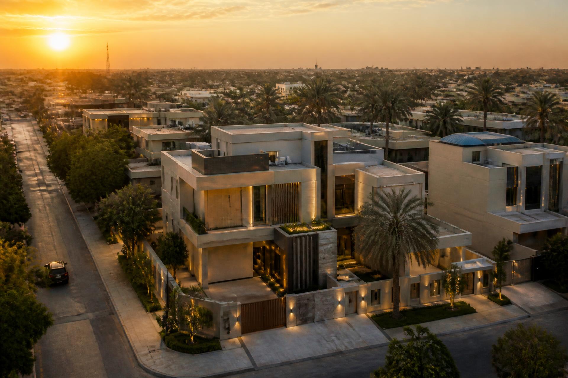 Baghdad luxury neighborhood at sunset